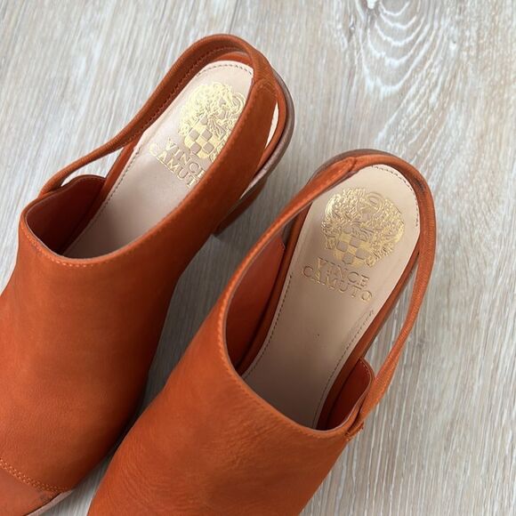 Vince Camuto Leather Peep-Toe Heeled Sandals Kaisly Burnt Orange - Picture 10 of 13